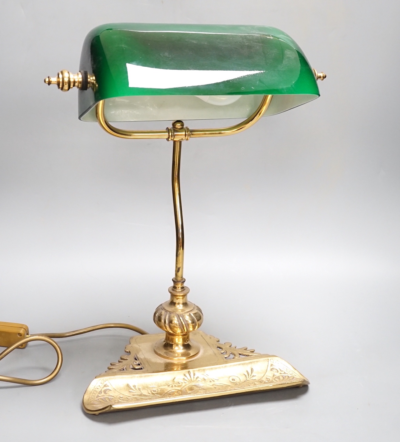 An Art Nouveau style brass bankers lamp, 39cm